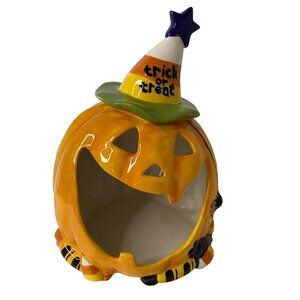 Ceramic Pumpkin Halloween Decor Witch Hat 10" Trick Or Treat Candy Holder Votive